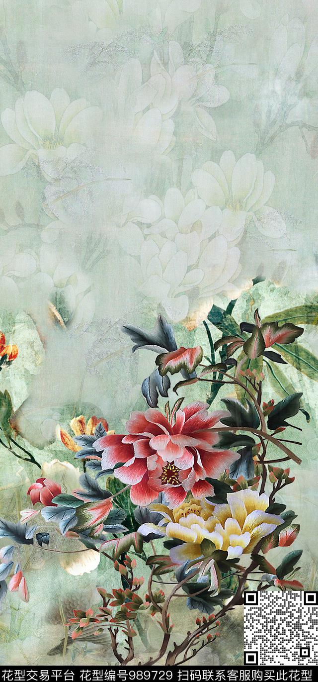牡丹绣花华亿平台定位花数码印花华亿平台下载（图片编号: 989729） - 瓦栏（Walan）