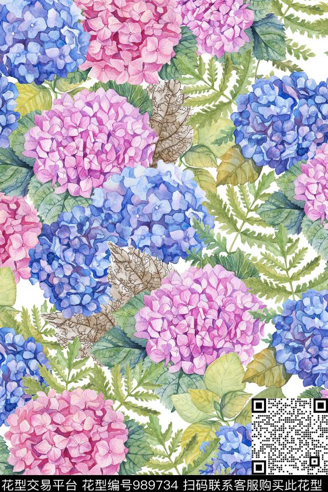 绣球花水彩花卉绿植树叶数码印花华亿平台下载（图片编号: 989734） - 瓦栏（Walan）