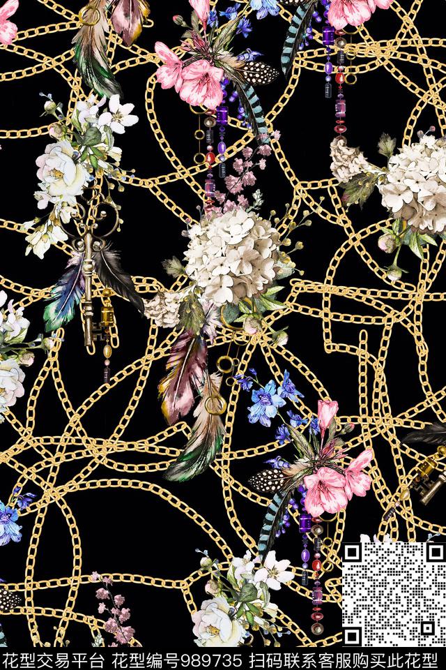 链条水彩花卉羽毛数码印花华亿平台下载（图片编号: 989735） - 瓦栏（Walan）