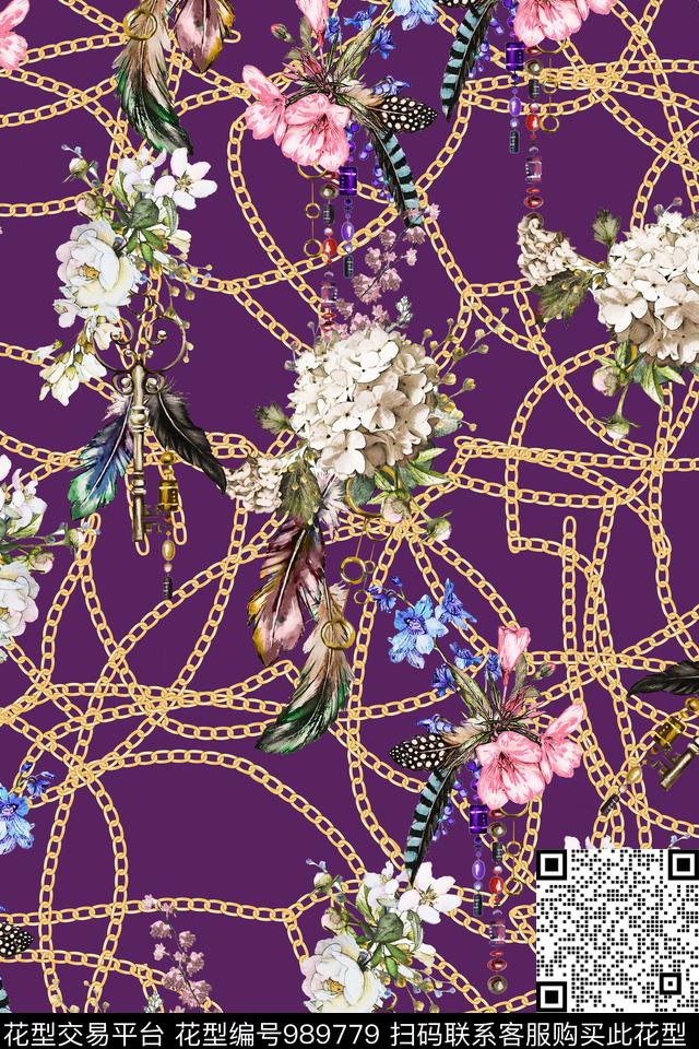 链条水彩花卉羽毛数码印花华亿平台下载（图片编号: 989779） - 瓦栏（Walan）