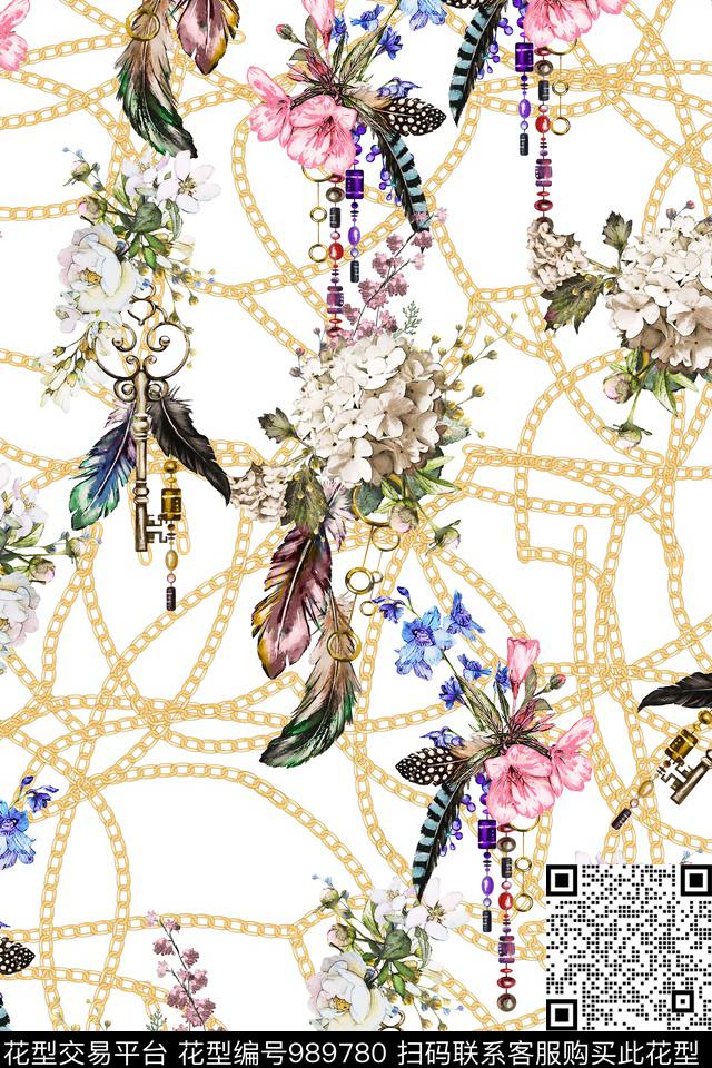 链条水彩花卉羽毛数码印花华亿平台下载（图片编号: 989780） - 瓦栏（Walan）