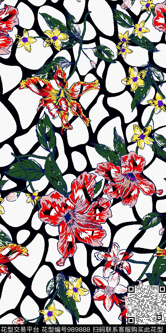 抽象花卉几何传统印花华亿平台下载（图片编号: 989888） - 瓦栏（Walan）
