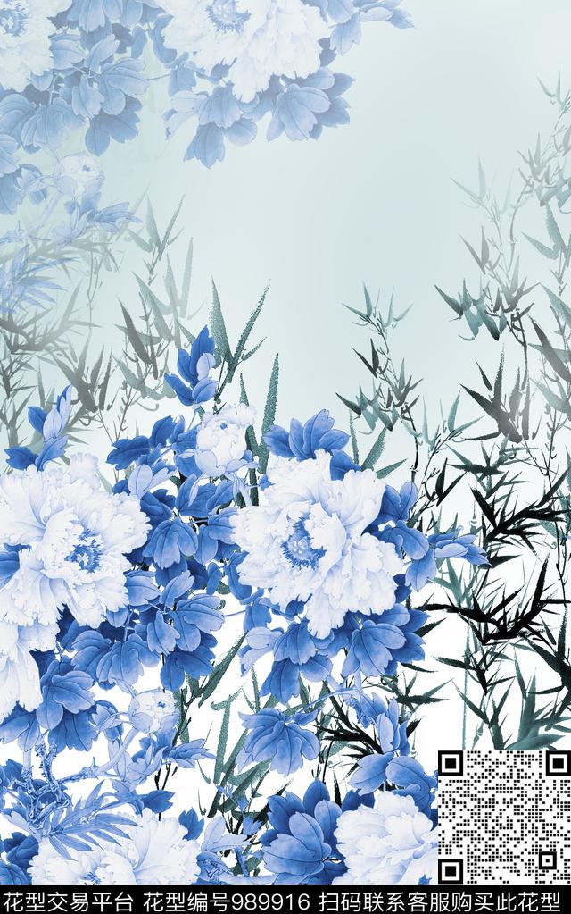 牡丹水墨风中国风定位花数码印花华亿平台下载（图片编号: 989916） - 瓦栏（Walan）