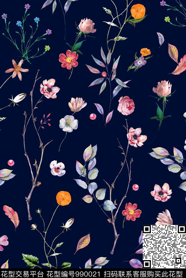 小碎花手绘花卉黑底花卉数码印花华亿平台下载（图片编号: 990021） - 瓦栏（Walan）