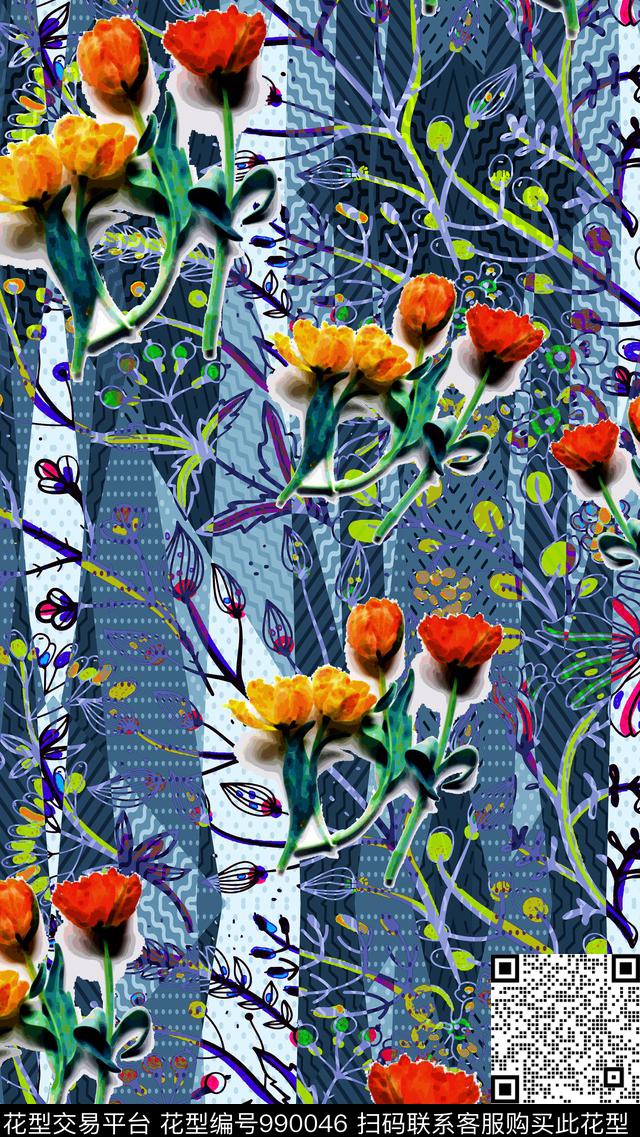 数码华亿平台植物线条数码印花华亿平台下载（图片编号: 990046） - 瓦栏（Walan）