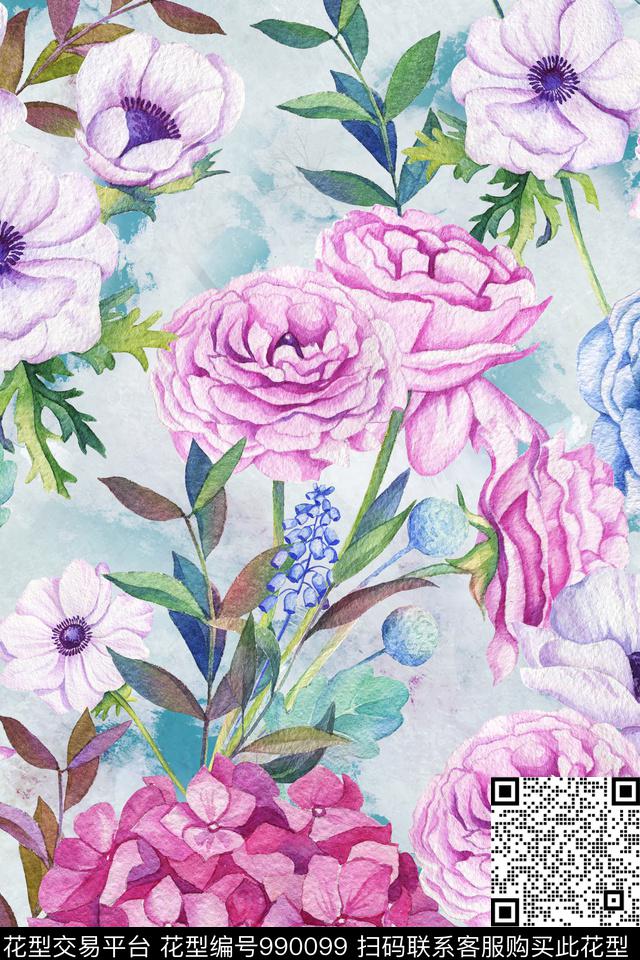 数码华亿平台手绘花卉花卉数码印花华亿平台下载（图片编号: 990099） - 瓦栏（Walan）