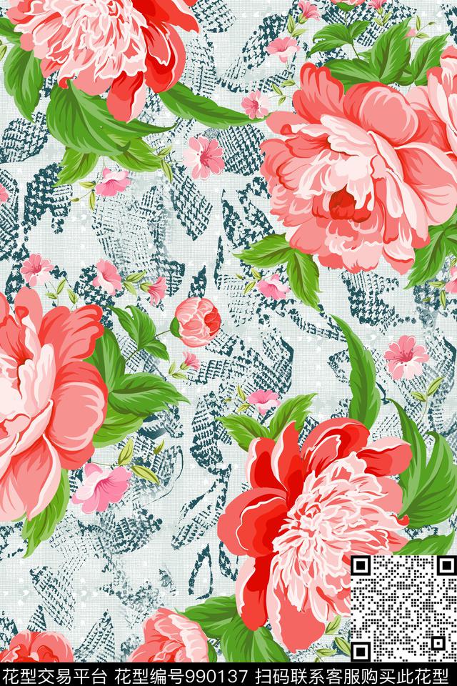 花卉牡丹波点数码印花华亿平台下载（图片编号: 990137） - 瓦栏（Walan）