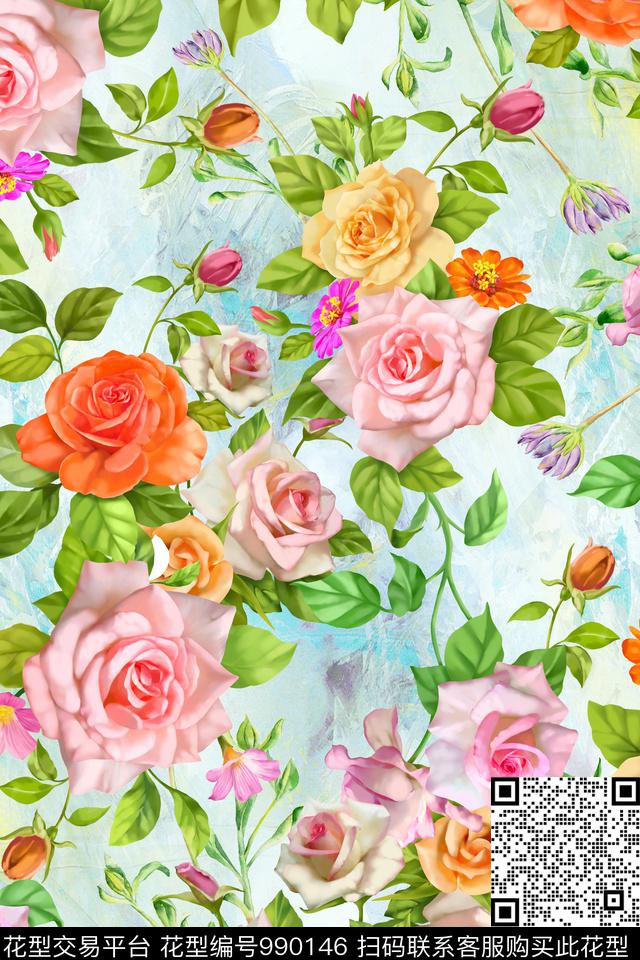 肌理花卉玫瑰花数码印花华亿平台下载（图片编号: 990146） - 瓦栏（Walan）