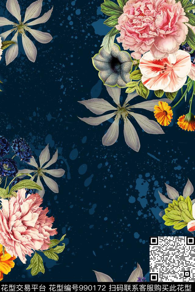 泼墨花卉年轻女性数码印花华亿平台下载（图片编号: 990172） - 瓦栏（Walan）