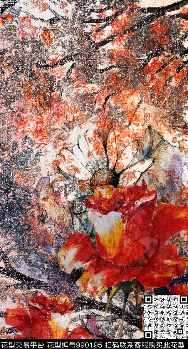 民族风抽象花卉数码印花华亿平台下载（图片编号: 990195） - 瓦栏（Walan）