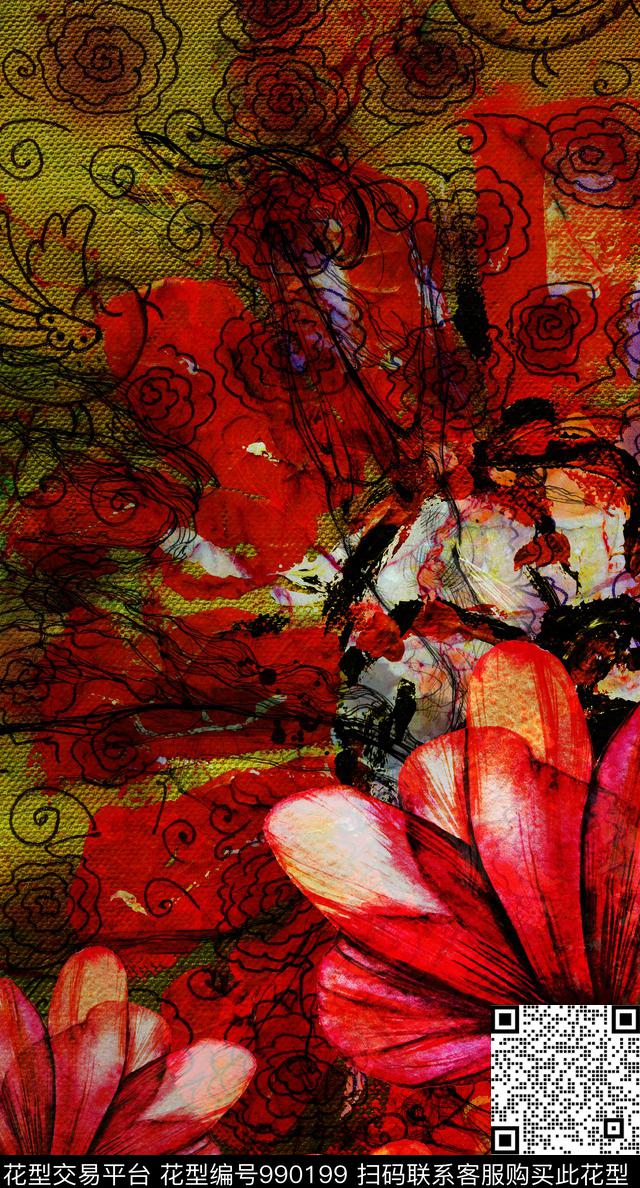 民族风抽象花卉数码印花华亿平台下载（图片编号: 990199） - 瓦栏（Walan）