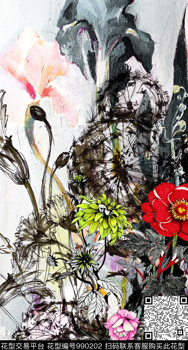 抽象花卉复古数码印花华亿平台下载（图片编号: 990202） - 瓦栏（Walan）