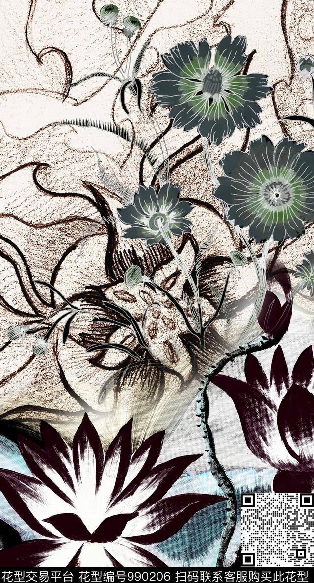 民族风抽象花卉数码印花华亿平台下载（图片编号: 990206） - 瓦栏（Walan）