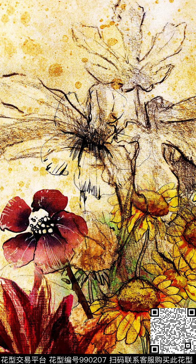 民族风抽象花卉数码印花华亿平台下载（图片编号: 990207） - 瓦栏（Walan）