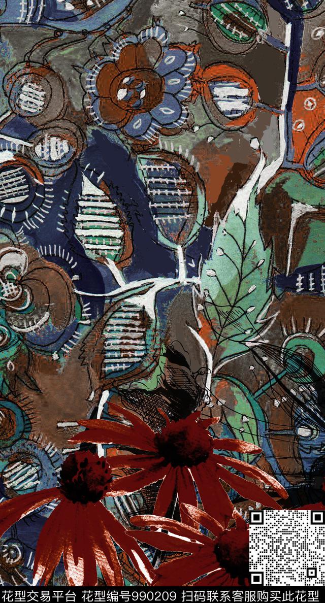 民族风抽象花卉数码印花华亿平台下载（图片编号: 990209） - 瓦栏（Walan）