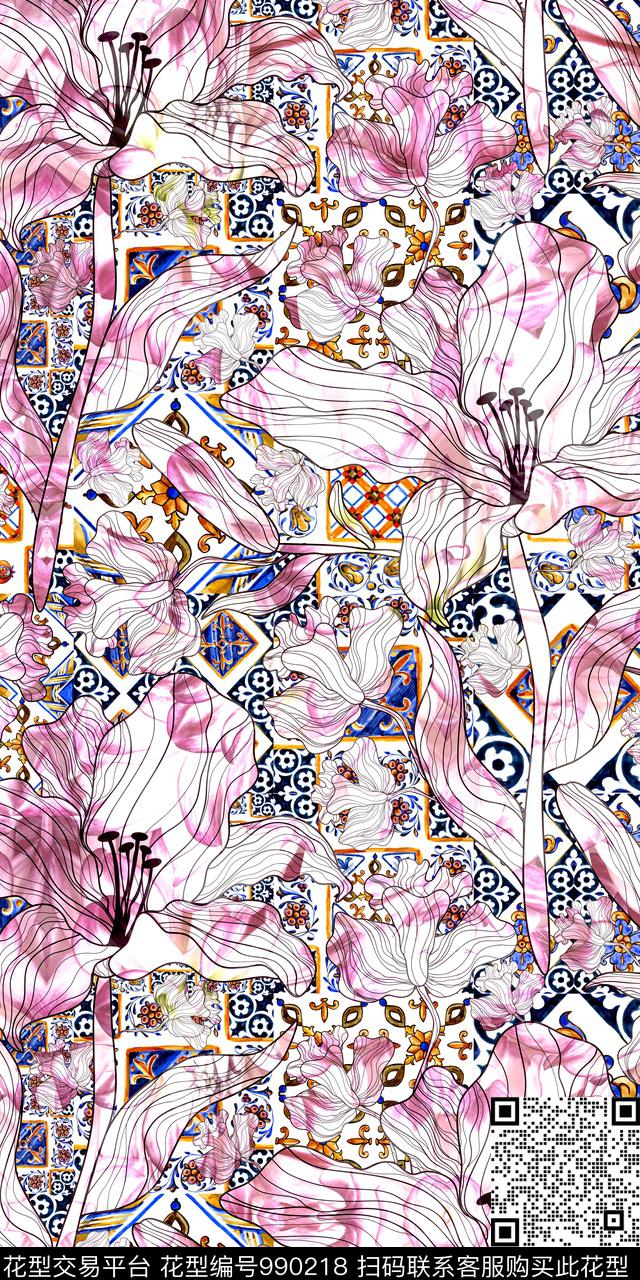 手绘花卉花卉欧洲数码印花华亿平台下载（图片编号: 990218） - 瓦栏（Walan）