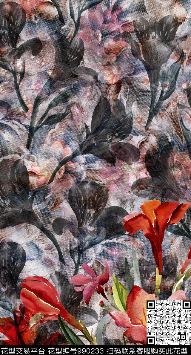 民族风抽象花卉数码印花华亿平台下载（图片编号: 990233） - 瓦栏（Walan）