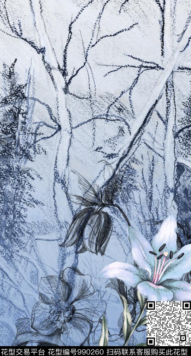 抽象花卉定位花数码印花华亿平台下载（图片编号: 990260） - 瓦栏（Walan）