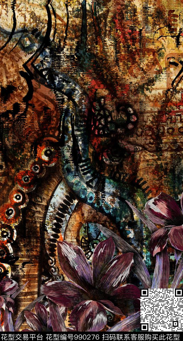 民族风抽象花卉数码印花华亿平台下载（图片编号: 990276） - 瓦栏（Walan）