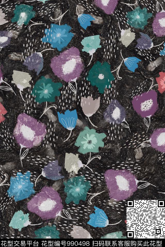 数码华亿平台黑底花卉肌理数码印花华亿平台下载（图片编号: 990498） - 瓦栏（Walan）