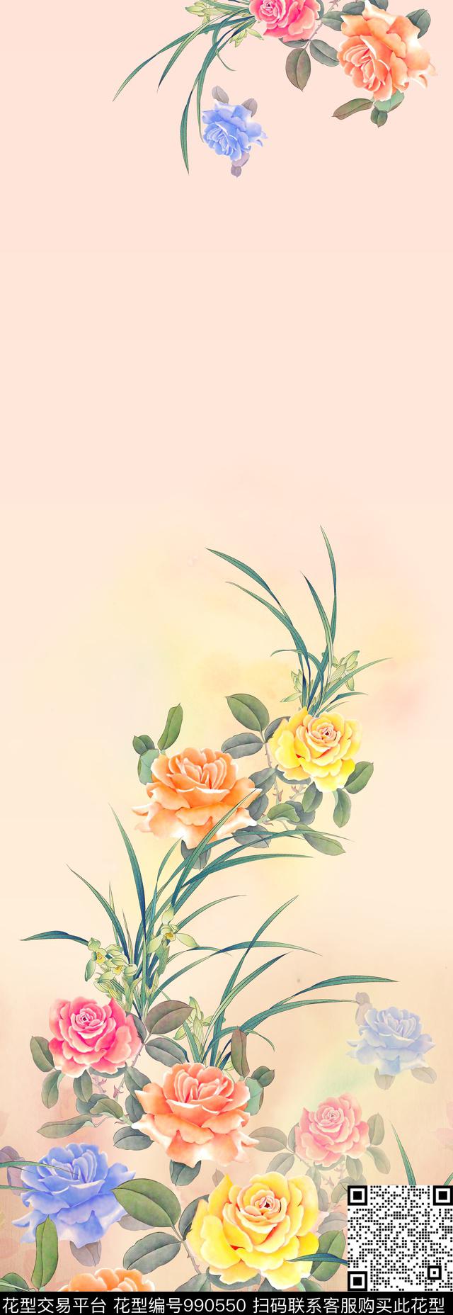 数码华亿平台手绘花卉花卉数码印花华亿平台下载（图片编号: 990550） - 瓦栏（Walan）
