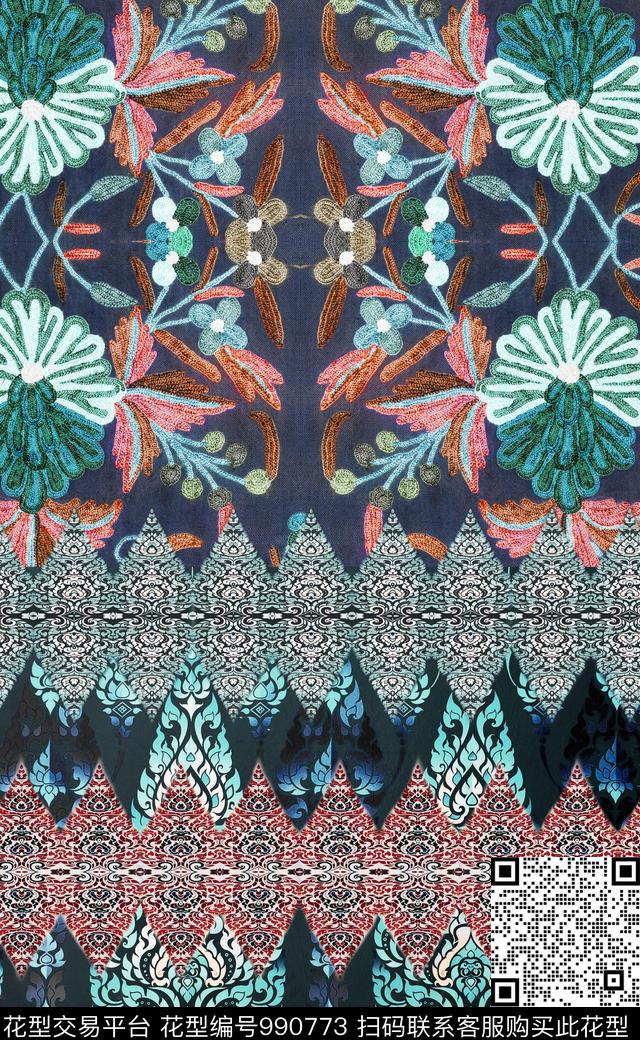 数码华亿平台民族风定位花数码印花华亿平台下载（图片编号: 990773） - 瓦栏（Walan）