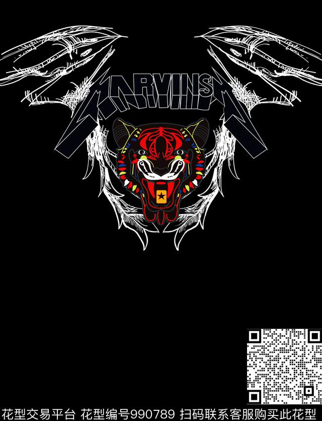 老虎手绘花卉素描传统印花华亿平台下载（图片编号: 990789） - 瓦栏（Walan）