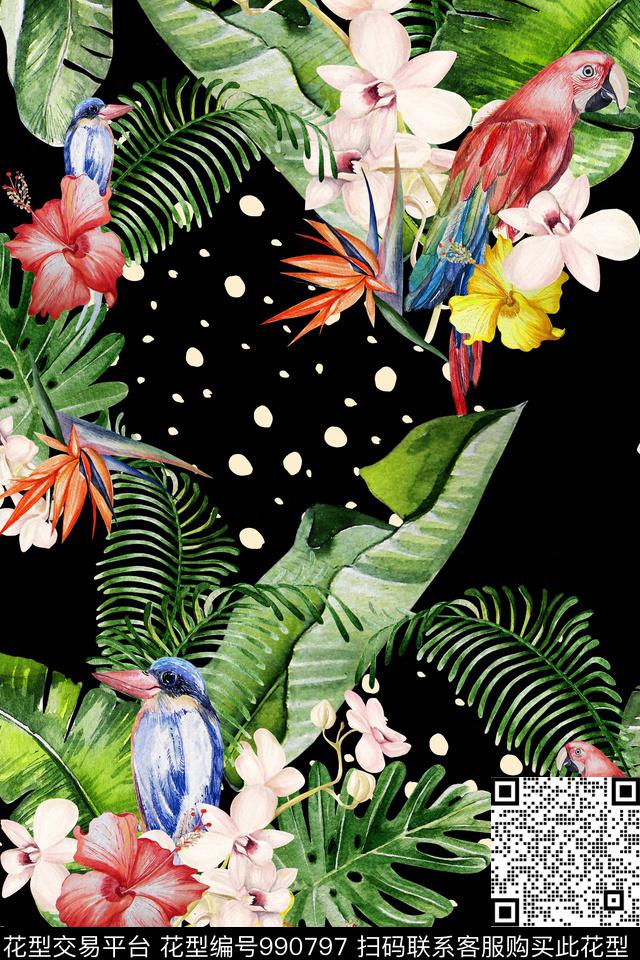休闲涂鸦花鸟数码印花华亿平台下载（图片编号: 990797） - 瓦栏（Walan）