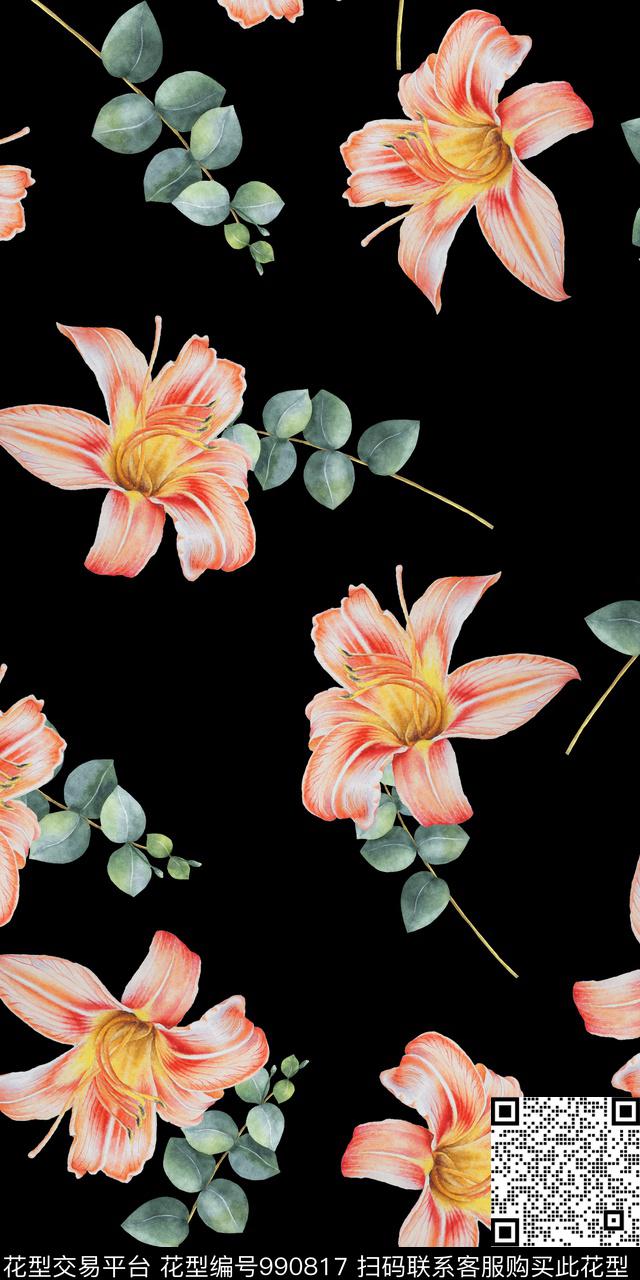 黑底花卉小碎花花卉数码印花华亿平台下载（图片编号: 990817） - 瓦栏（Walan）