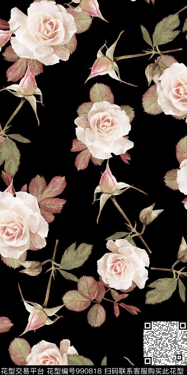 黑底花卉小碎花花卉数码印花华亿平台下载（图片编号: 990818） - 瓦栏（Walan）