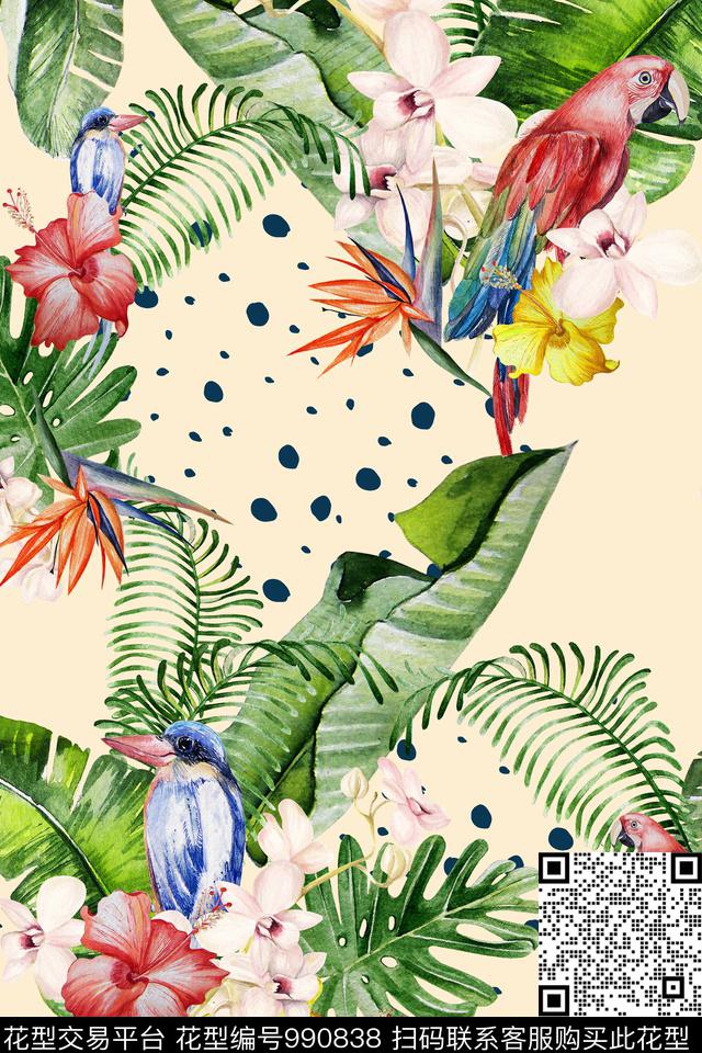 休闲涂鸦花鸟数码印花华亿平台下载（图片编号: 990838） - 瓦栏（Walan）