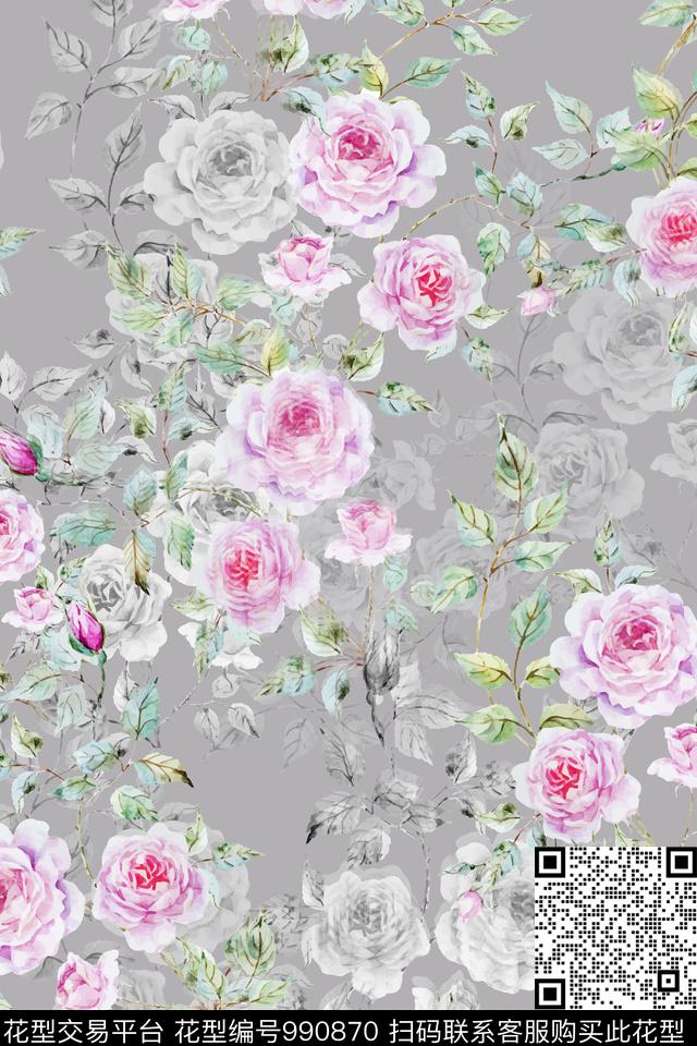 水彩花卉玫瑰花手绘花卉数码印花华亿平台下载（图片编号: 990870） - 瓦栏（Walan）