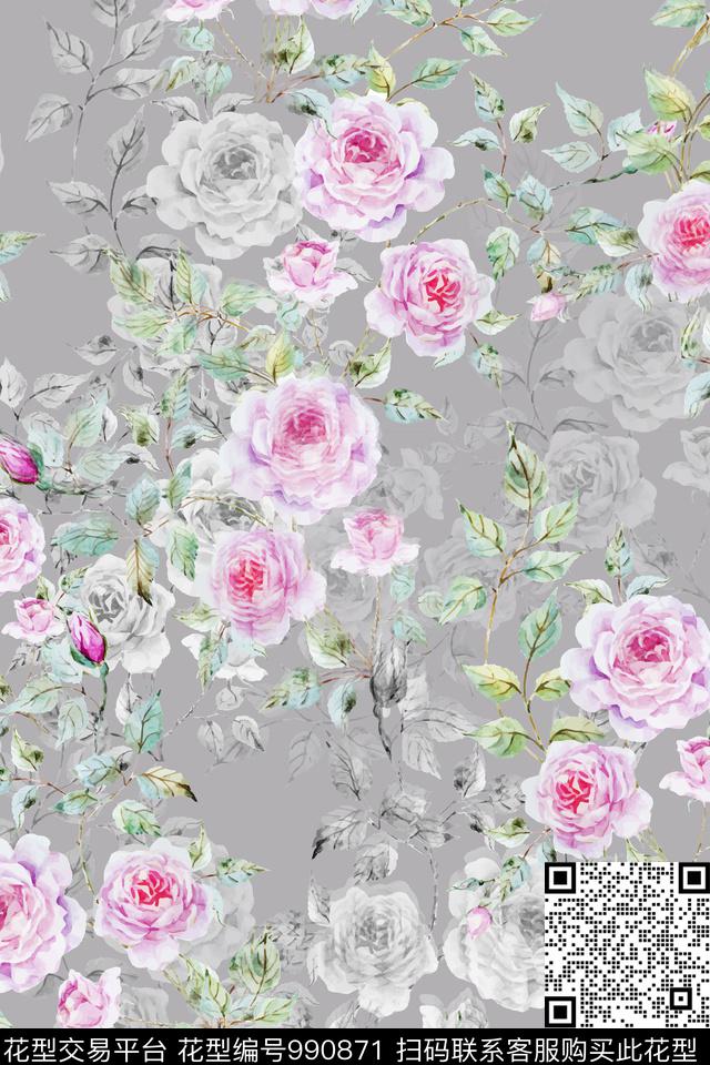 水彩花卉玫瑰花手绘花卉数码印花华亿平台下载（图片编号: 990871） - 瓦栏（Walan）