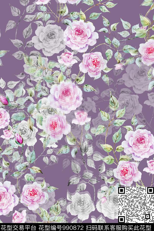 水彩花卉玫瑰花手绘花卉数码印花华亿平台下载（图片编号: 990872） - 瓦栏（Walan）