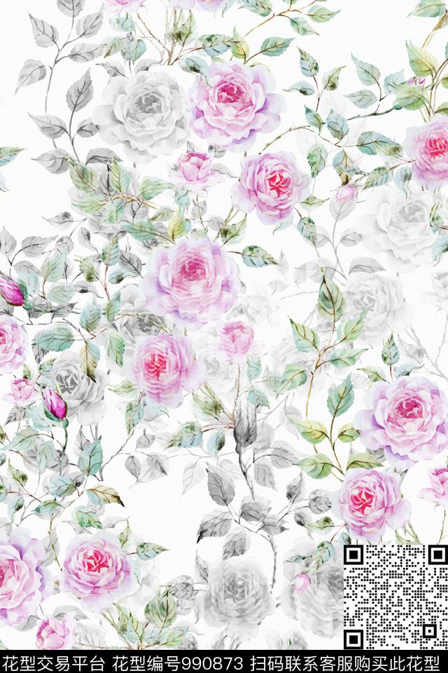 水彩花卉玫瑰花手绘花卉数码印花华亿平台下载（图片编号: 990873） - 瓦栏（Walan）
