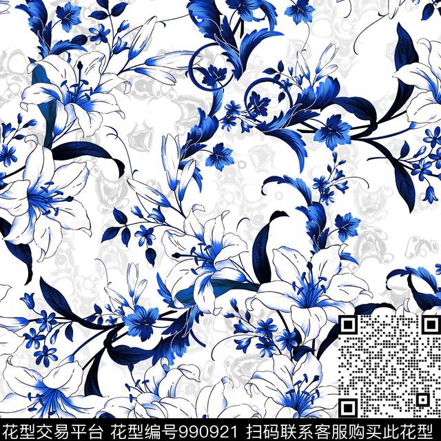 彩底花卉创意手绘花卉数码印花华亿平台下载（图片编号: 990921） - 瓦栏（Walan）