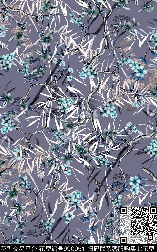 花卉复古植物数码印花华亿平台下载（图片编号: 990951） - 瓦栏（Walan）