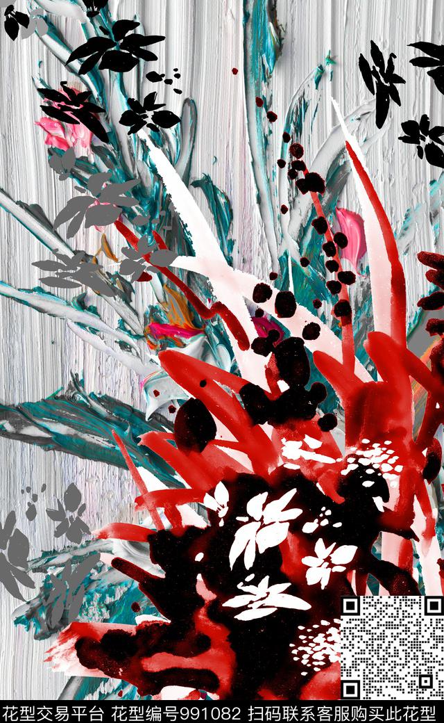 抽象定位花笔触数码印花华亿平台下载（图片编号: 991082） - 瓦栏（Walan）