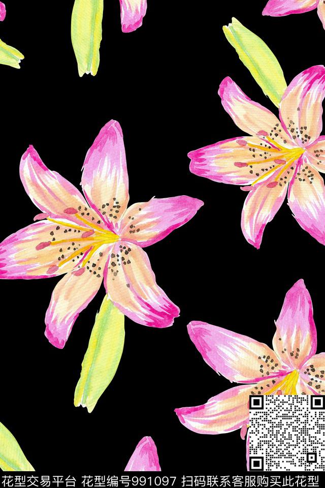 手绘花卉女装百合数码印花华亿平台下载（图片编号: 991097） - 瓦栏（Walan）
