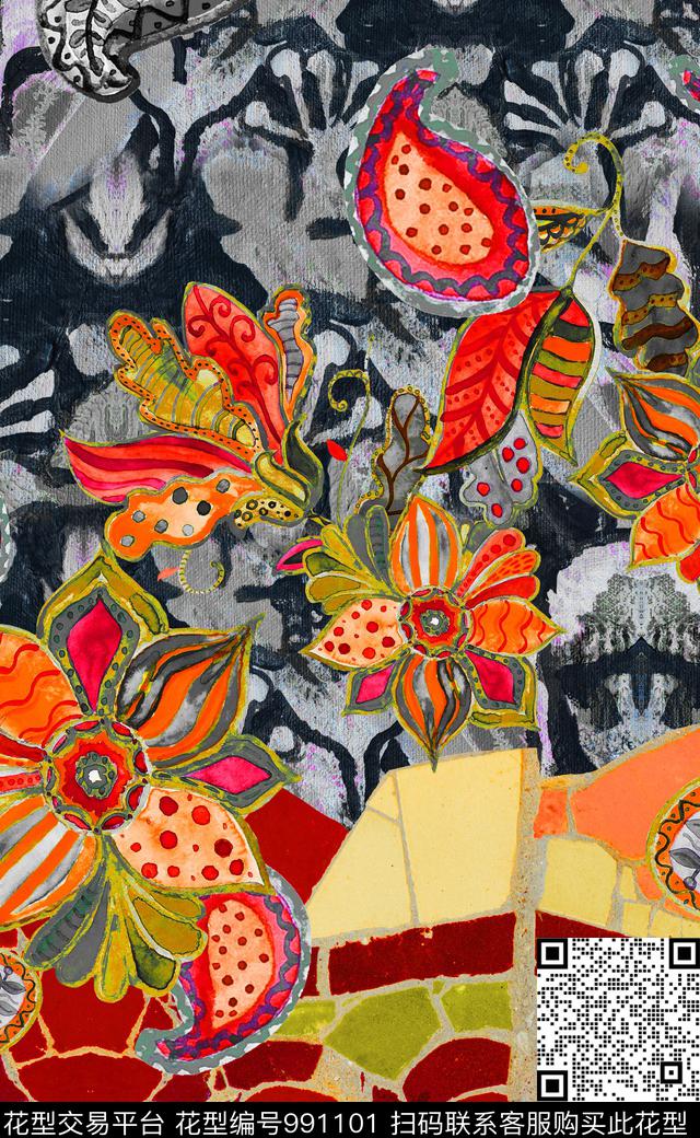 数码华亿平台民族风定位花数码印花华亿平台下载（图片编号: 991101） - 瓦栏（Walan）