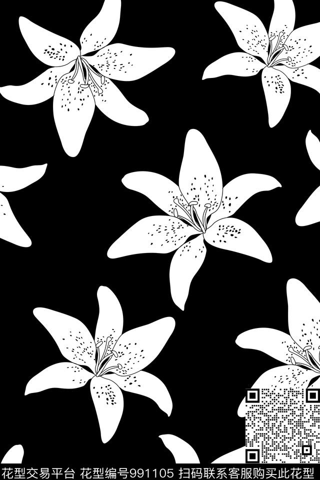 百合花卉女装传统印花华亿平台下载（图片编号: 991105） - 瓦栏（Walan）