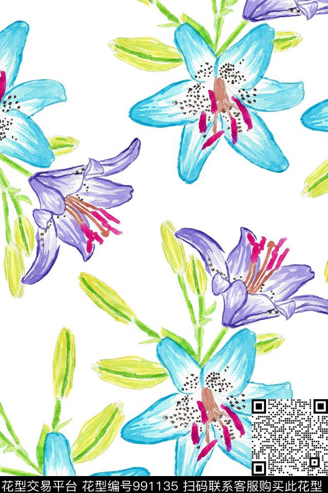 手绘花卉女装百合数码印花华亿平台下载（图片编号: 991135） - 瓦栏（Walan）