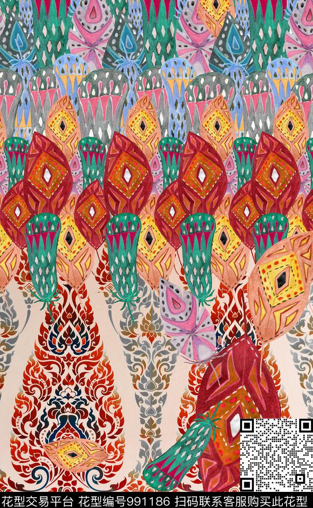 数码华亿平台民族风定位花数码印花华亿平台下载（图片编号: 991186） - 瓦栏（Walan）