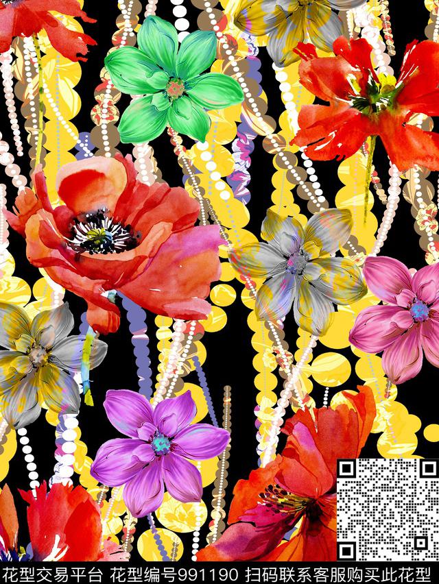 手绘花卉抽象圆点圆点几何数码印花华亿平台下载（图片编号: 991190） - 瓦栏（Walan）