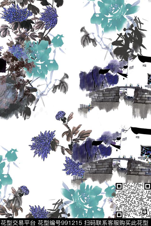 民族风手绘花卉风景景观数码印花华亿平台下载（图片编号: 991215） - 瓦栏（Walan）