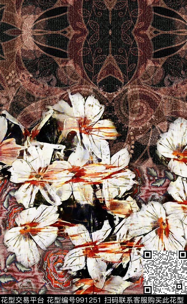 民族风花卉定位花数码印花华亿平台下载（图片编号: 991251） - 瓦栏（Walan）