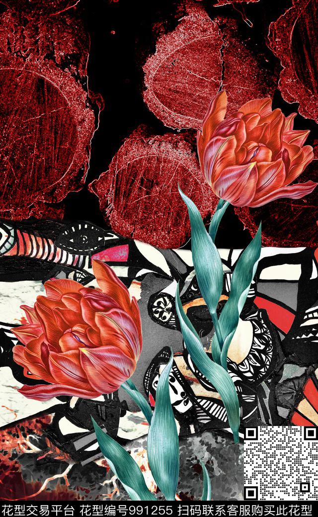 花卉定位花女装定位花数码印花华亿平台下载（图片编号: 991255） - 瓦栏（Walan）