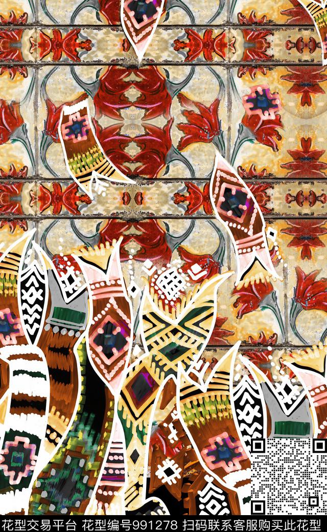 民族风花卉定位花数码印花华亿平台下载（图片编号: 991278） - 瓦栏（Walan）