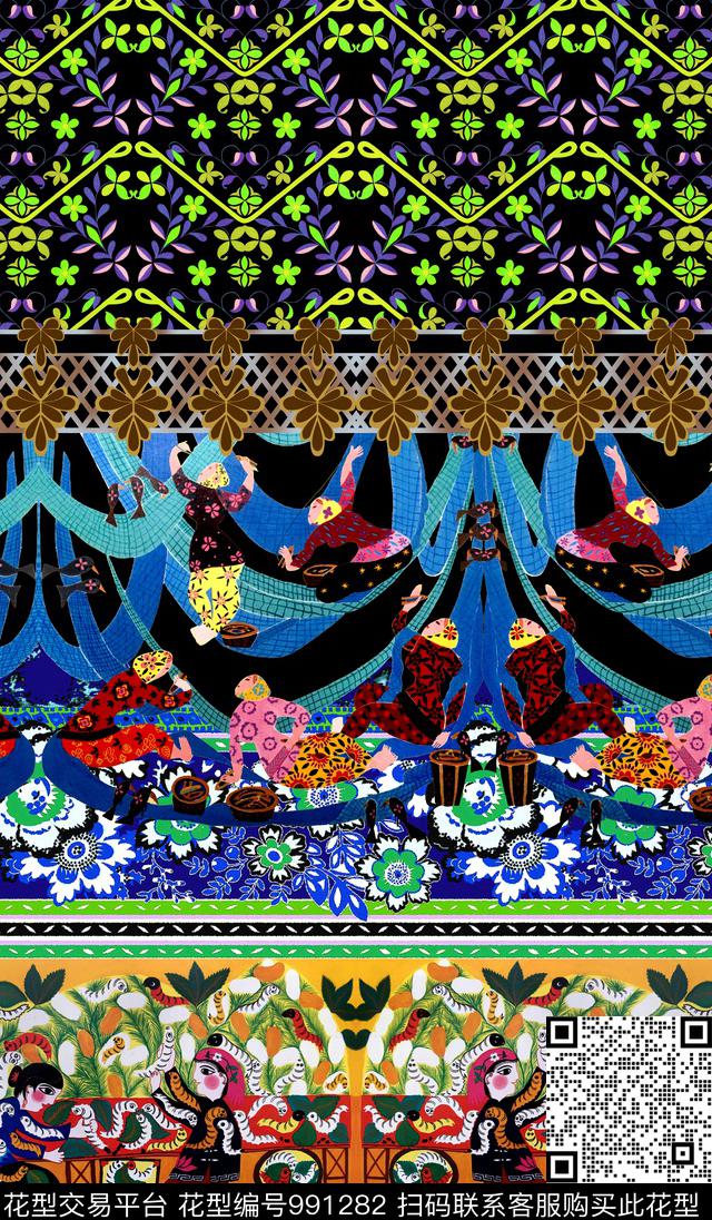 民族风人物定位花数码印花华亿平台下载（图片编号: 991282） - 瓦栏（Walan）