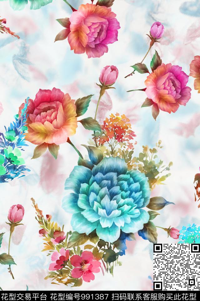 肌理大花花卉数码印花华亿平台下载（图片编号: 991387） - 瓦栏（Walan）